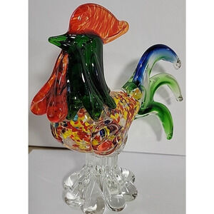 Hand Blown Murano Style Glass Rooster Figurine Multicolored Farmhouse Country